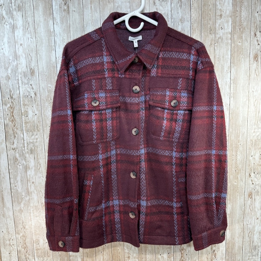 Maurices‎ NWT Womens L Plaid Shortie Shacket Jacket Burgundy Blue Button Front